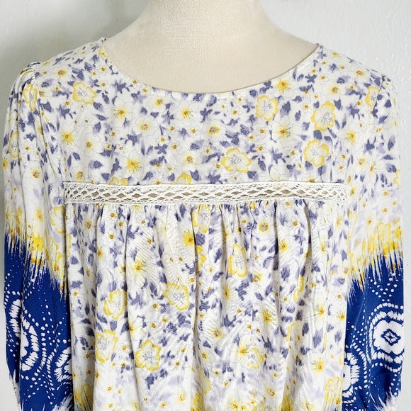 Figueroa & Flower Floral Blue & Yellow  Boho Top, Size Large - Picture 3 of 10